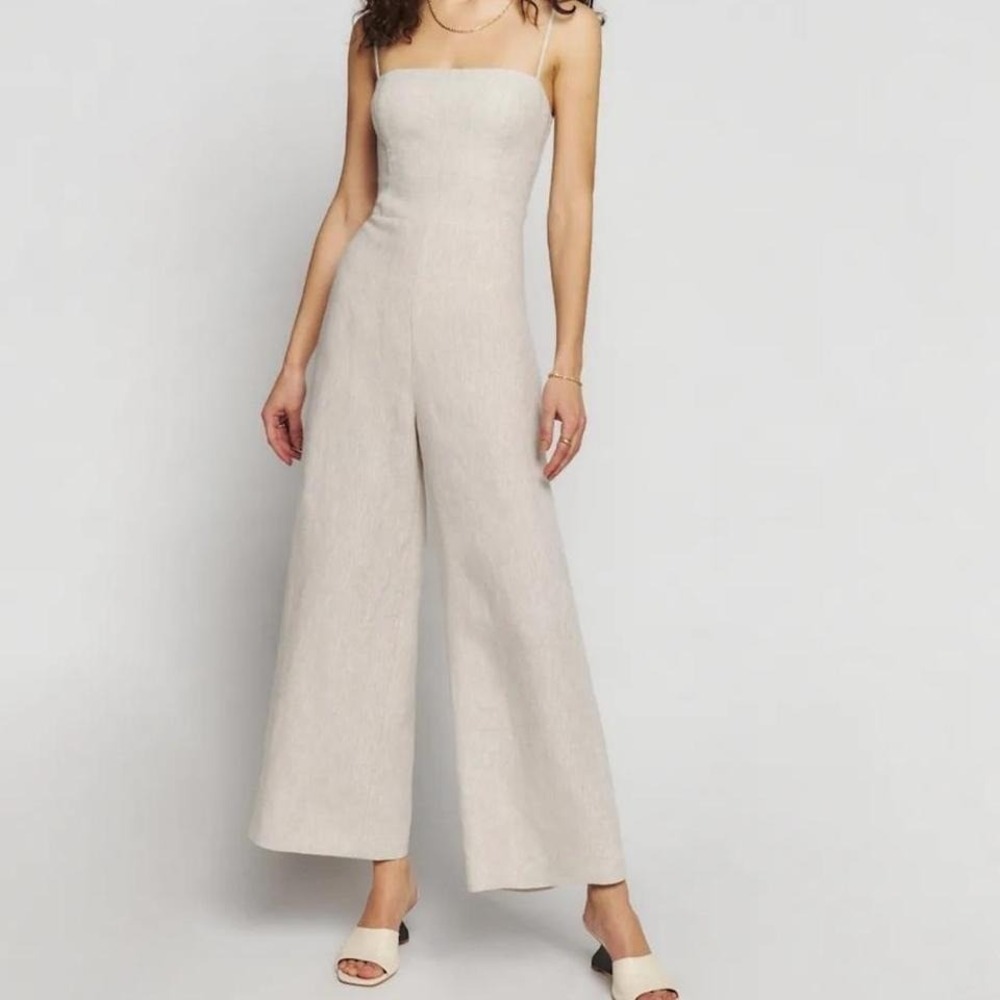 Reformation Linen Lace Back Jumpsuit Cream Wide Leg Strappy Size 4